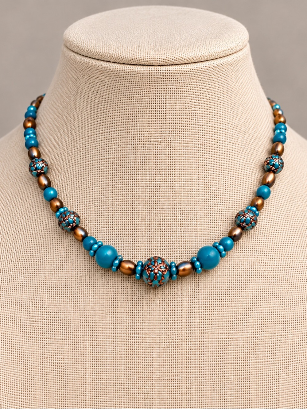 Turquoise & Bronze Beaded Necklace – Boho Southwestern Statement